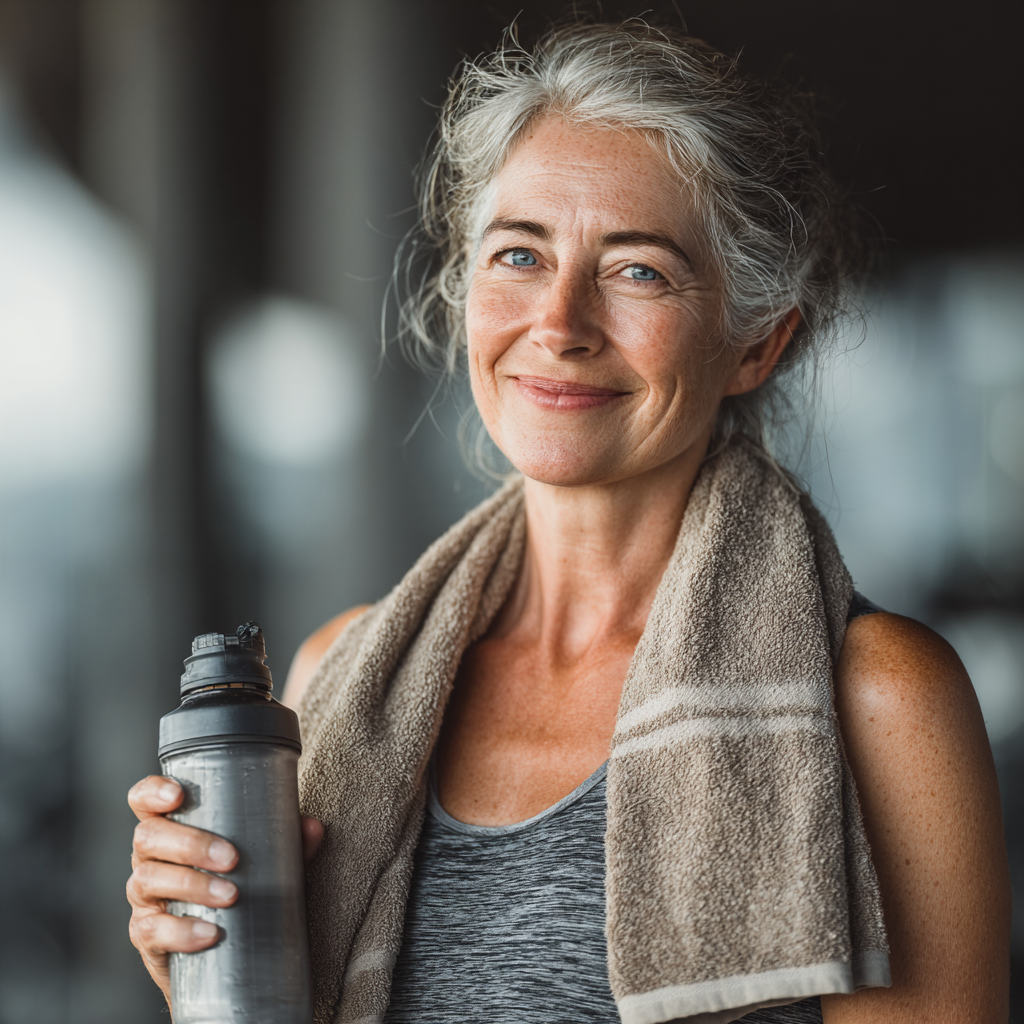 Happy mature woman in athletic wear holding water bottle and towel after successful workout session, smiling confidently in bright fitness environment