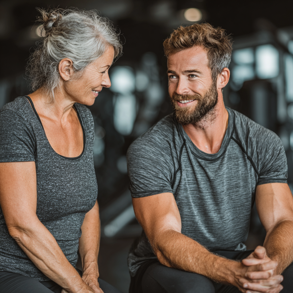 Professional fitness coach demonstrating exercise technique to a mature adult client in a modern gym setting, both appearing confident and engaged